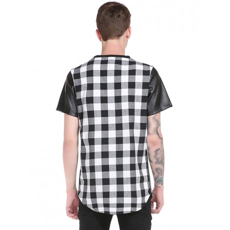 PU LEATHER PANEL SIDE ZIP UP PLAID LONGLINE T-SHIRT