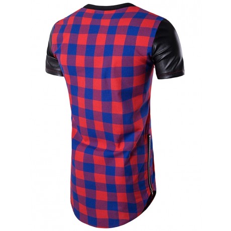 PU LEATHER PANEL SIDE ZIP UP PLAID LONGLINE T-SHIRT