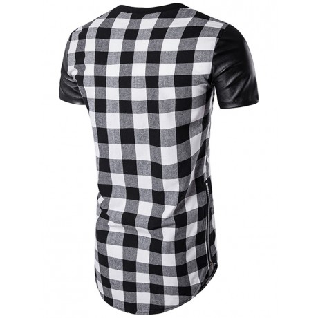 PU LEATHER PANEL SIDE ZIP UP PLAID LONGLINE T-SHIRT
