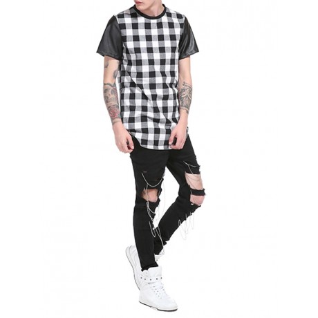 PU LEATHER PANEL SIDE ZIP UP PLAID LONGLINE T-SHIRT