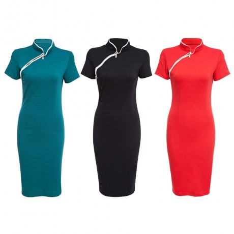 STYLISH RETRO MANDRAIN COLLAR SHORT SLEEVED SOLID ELASTIC CHEONGSAM