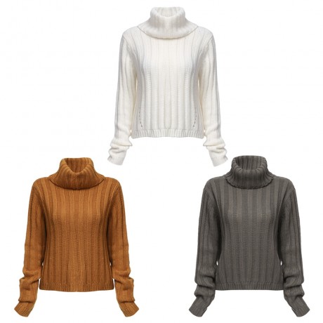 STYLISH TURTLENECK LONG SLEEVE KNITTED PURE COLOR SWEATER FOR LADIES