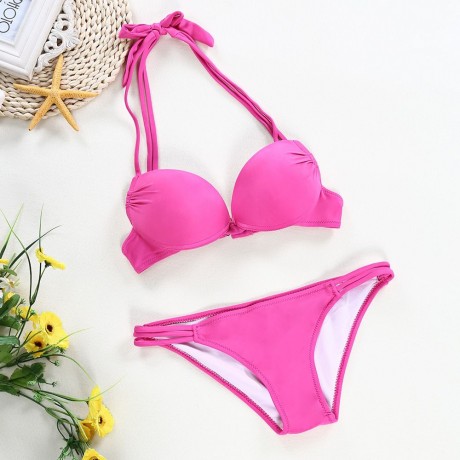 SEXY HALTER NECK BACKLESS PAD LOW WAIST WOMEN BIKINI SET