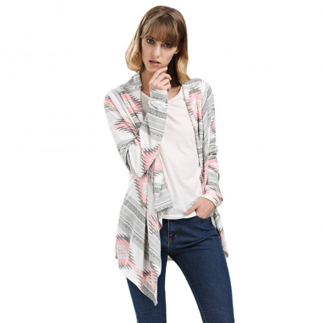 STYLISH COLLARLESS LONG SLEEVE TRIBAL PRINT ASYMMETRICAL CARDIGAN FOR LADIES