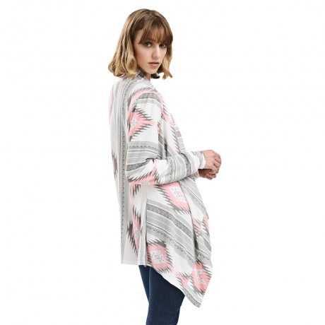 STYLISH COLLARLESS LONG SLEEVE TRIBAL PRINT ASYMMETRICAL CARDIGAN FOR LADIES