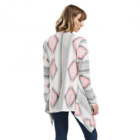 STYLISH COLLARLESS LONG SLEEVE TRIBAL PRINT ASYMMETRICAL CARDIGAN FOR LADIES