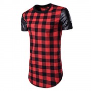PU LEATHER PANEL SIDE ZIP UP PLAID LONGLINE T-SHIRT