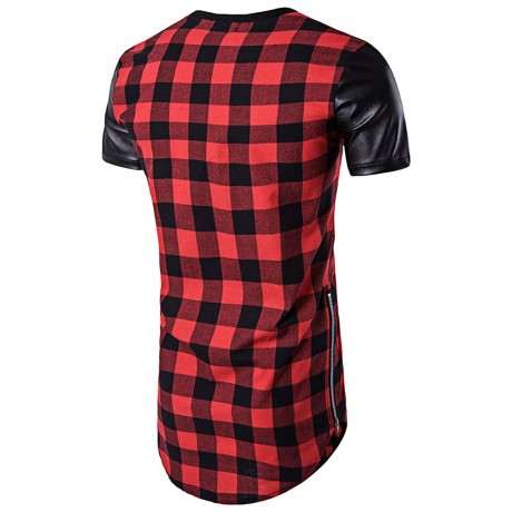 PU LEATHER PANEL SIDE ZIP UP PLAID LONGLINE T-SHIRT