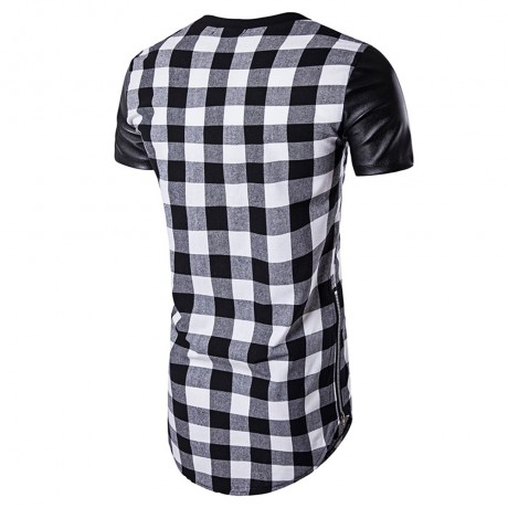 PU LEATHER PANEL SIDE ZIP UP PLAID LONGLINE T-SHIRT