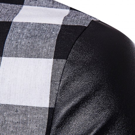 PU LEATHER PANEL SIDE ZIP UP PLAID LONGLINE T-SHIRT