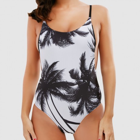 SPAGHETTI STRAP COCONUT TREE PRINT TROPICAL BACKLESS SWIMWEAR