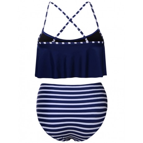 STRIPED RUFFLE HIGH WAISTED BIKINI SET