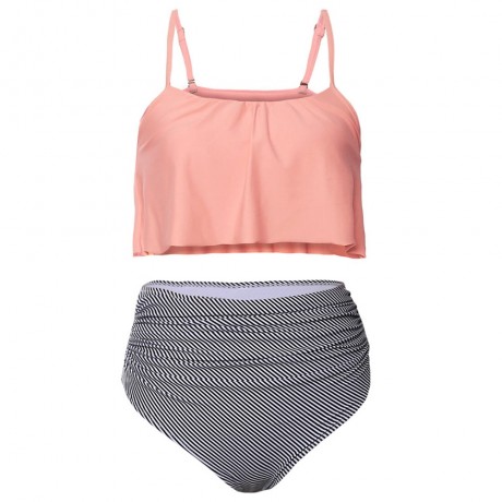 STRIPED RUFFLE HIGH WAISTED BIKINI SET