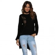 BRIEF ROUND COLLAR FRAYED PURE COLOR ASYMMETRICAL PULLOVER FOR WOMEN (BLACK)
