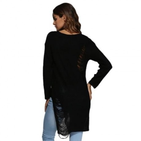 BRIEF ROUND COLLAR FRAYED PURE COLOR ASYMMETRICAL PULLOVER FOR WOMEN (BLACK)