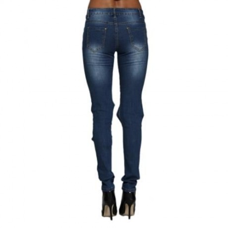 STREET STYLE MID WAIST PATCHWORK DESIGN HOLE JEANS FOR WOMEN (BLUE)