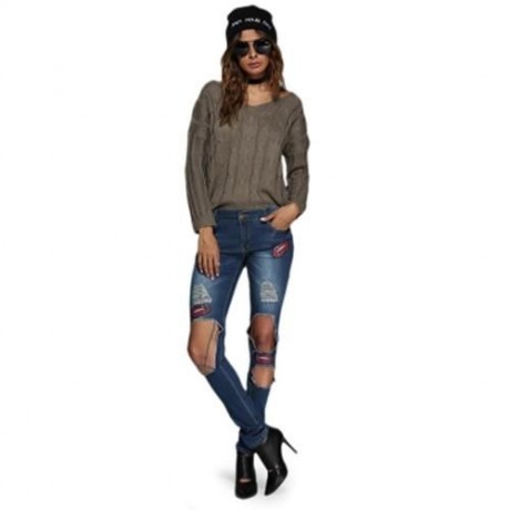 STREET STYLE MID WAIST PATCHWORK DESIGN HOLE JEANS FOR WOMEN (BLUE)