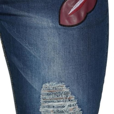 STREET STYLE MID WAIST PATCHWORK DESIGN HOLE JEANS FOR WOMEN (BLUE)