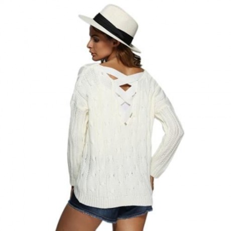 BRIEF STYLE V-NECK KNITTED LOOSE-FITTING PULLOVER FOR WOMEN (WHITE)