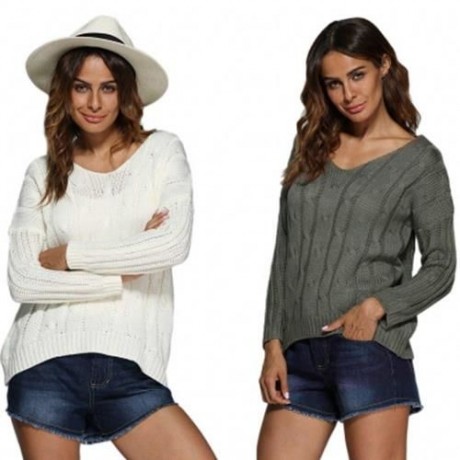 BRIEF STYLE V-NECK KNITTED LOOSE-FITTING PULLOVER FOR WOMEN (WHITE)