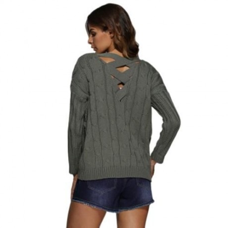 BRIEF STYLE V-NECK KNITTED LOOSE-FITTING PULLOVER FOR WOMEN (GRAY)