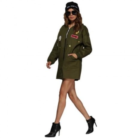 TRENDY STAND COLLAR BADGE PATCH COAT FOR WOMEN (ARMY GREEN)