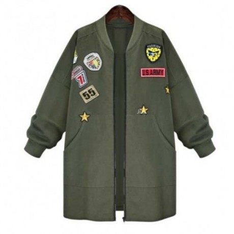 TRENDY STAND COLLAR BADGE PATCH COAT FOR WOMEN (ARMY GREEN)