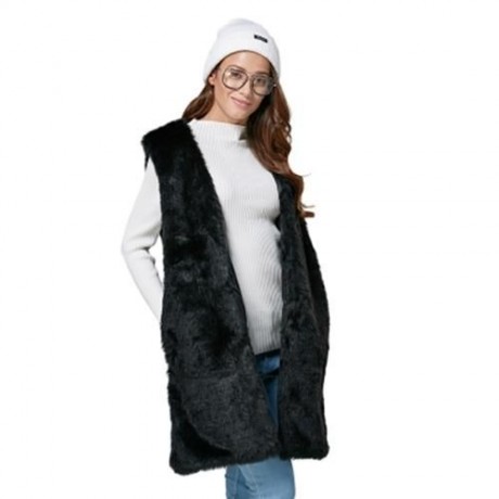 CHIC COLLARLESS CHUNKY FAUX FUR WAISTCOAT FOR WOMEN (BLACK)