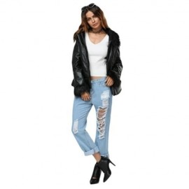 CHIC ROUND COLLAR FAUX LEATHER FUR SPLICED JACKET FOR WOMEN (BLACK)