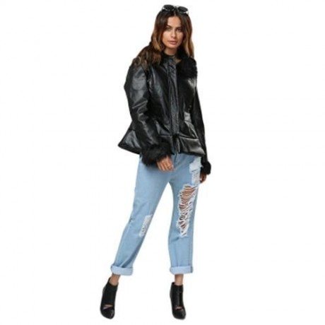 CHIC ROUND COLLAR FAUX LEATHER FUR SPLICED JACKET FOR WOMEN (BLACK)