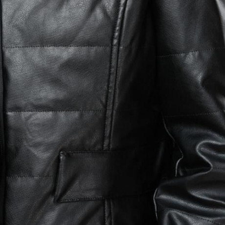 CHIC ROUND COLLAR FAUX LEATHER FUR SPLICED JACKET FOR WOMEN (BLACK)
