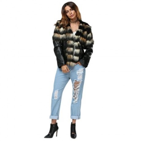 TRENDY ROUND COLLAR FAUX FUR PATCHWORK DESIGN COAT FOR WOMEN (BLACK)