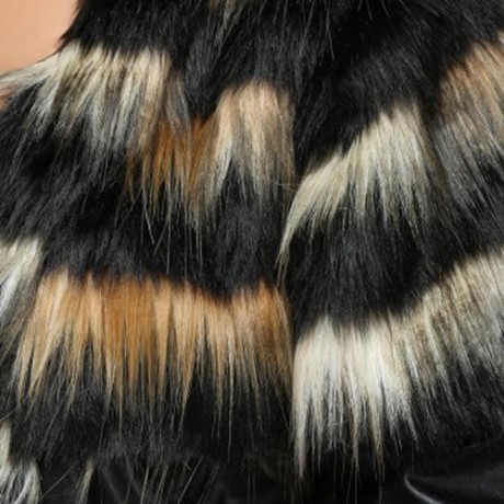 TRENDY ROUND COLLAR FAUX FUR PATCHWORK DESIGN COAT FOR WOMEN (BLACK)