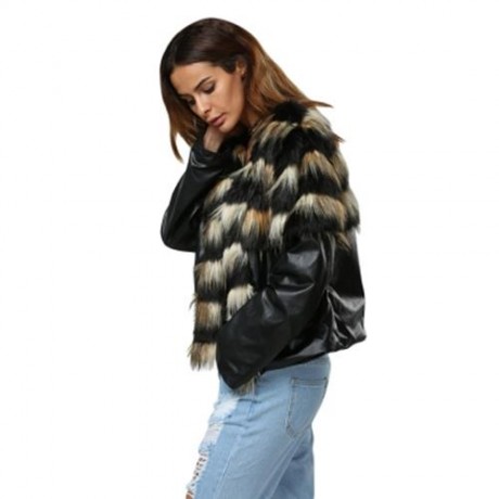 TRENDY ROUND COLLAR FAUX FUR PATCHWORK DESIGN COAT FOR WOMEN (BLACK)