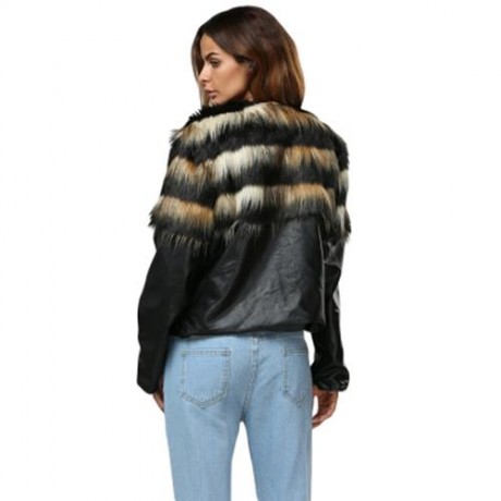 TRENDY ROUND COLLAR FAUX FUR PATCHWORK DESIGN COAT FOR WOMEN (BLACK)