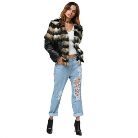 TRENDY ROUND COLLAR FAUX FUR PATCHWORK DESIGN COAT FOR WOMEN (BLACK)