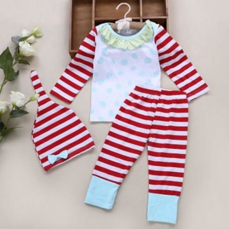 SWEET 3PCS GEOMETRIC PRINT STRIPED LONG SLEEVE ROUND COLLAR TOPS PANTS POINTED HAT (WHITE)