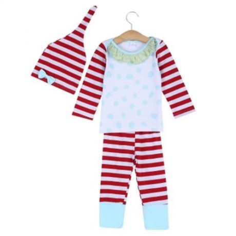 SWEET 3PCS GEOMETRIC PRINT STRIPED LONG SLEEVE ROUND COLLAR TOPS PANTS POINTED HAT (WHITE)