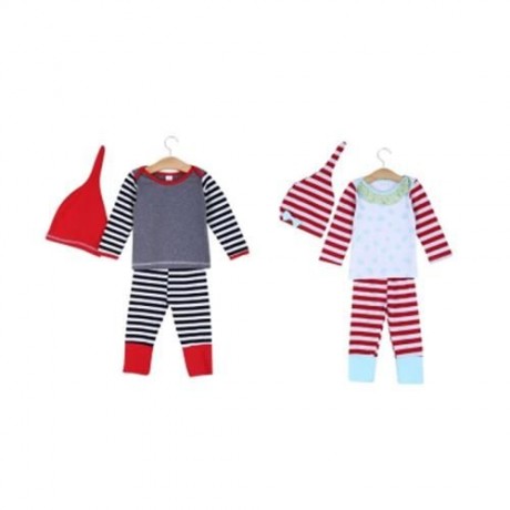 SWEET 3PCS GEOMETRIC PRINT STRIPED LONG SLEEVE ROUND COLLAR TOPS PANTS POINTED HAT (WHITE)