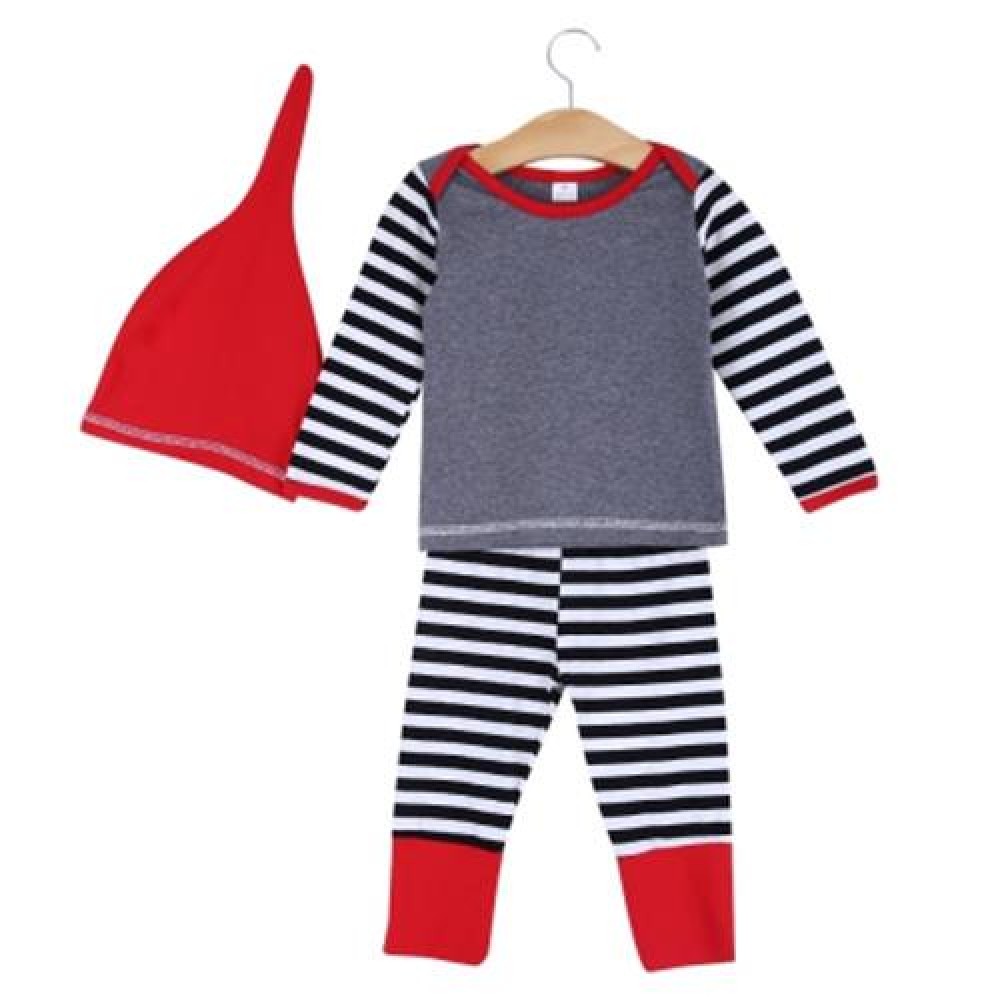 SWEET 3PCS GEOMETRIC PRINT STRIPED LONG SLEEVE ROUND COLLAR TOPS PANTS POINTED HAT (GRAY)