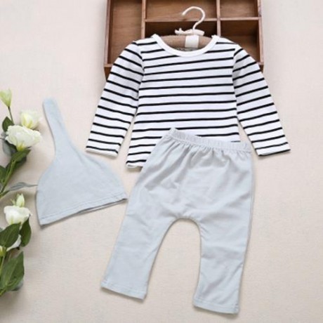 3PCS SWEET BABY CHILD STRIPED LONG SLEEVE ROUND COLLAR TOPS SOLID COLOR ELASTIC PANTS POIN
