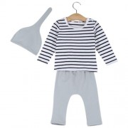 3PCS SWEET BABY CHILD STRIPED LONG SLEEVE ROUND COLLAR TOPS SOLID COLOR ELASTIC PANTS POIN