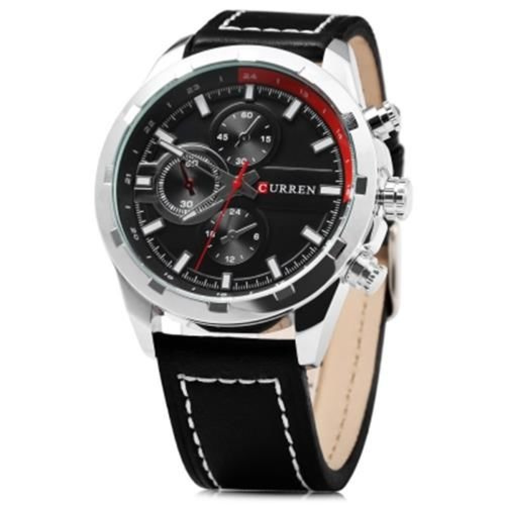 CURREN 8216 DECORATION SUB-DIAL QUARTZ WATCH GENUINE LEATHER BAND FOR MEN (SILVER AND BLAC CURREN 8216 DECORATION SUB-DIAL QUARTZ WATCH GENUINE LEATHER BAND FOR MEN (SILVER AND BLAC