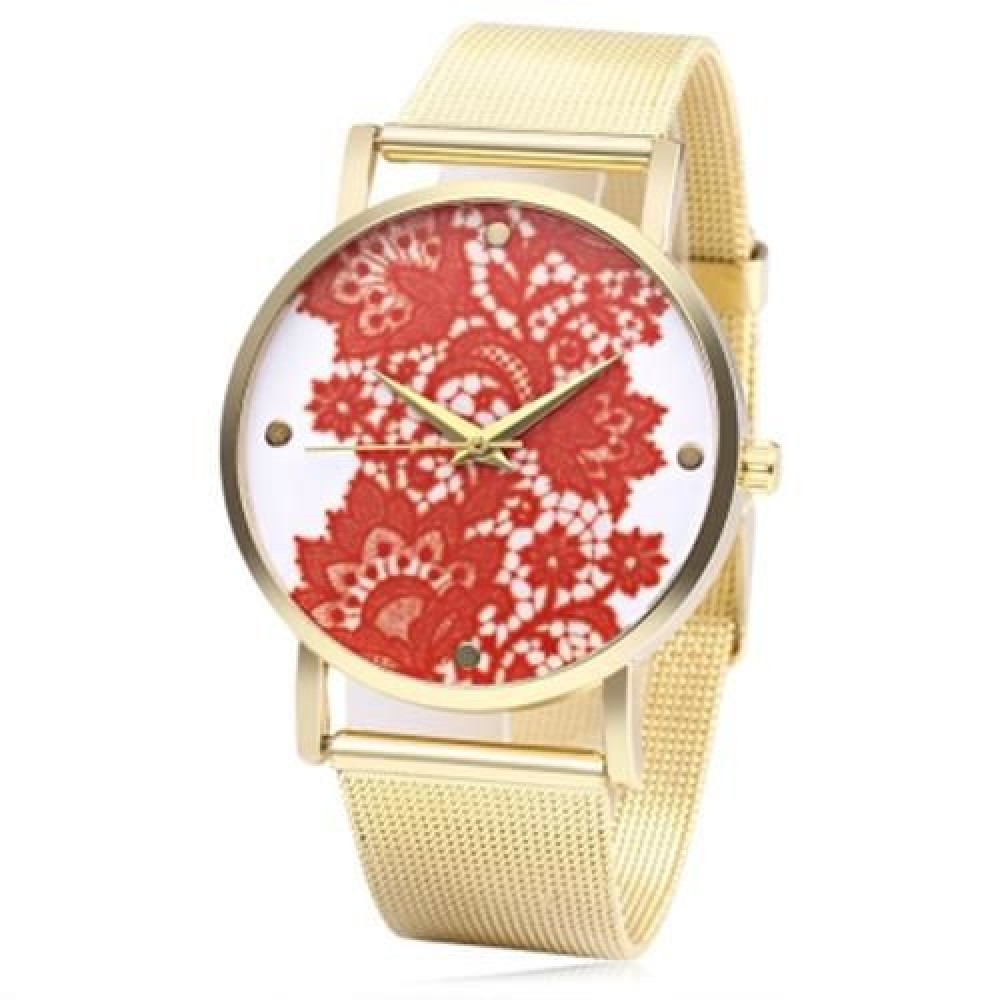 466 UNISEX QUARTZ WATCH STAINLESS STEEL NET BAND EXQUISITE PATTERN DIAL WRISTWATCH (RED) 466 UNISEX QUARTZ WATCH STAINLESS STEEL NET BAND EXQUISITE PATTERN DIAL WRISTWATCH (RED)