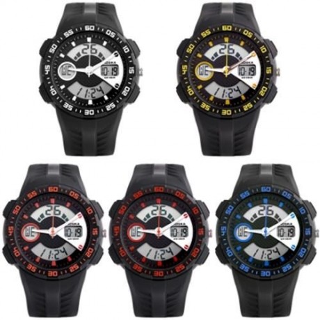 HOSKA HD029B CHILDREN DUAL MOVT WATCH 5ATM CALENDAR CHRONOGRAPH ALARM WRISTWATCH (BLACK AN