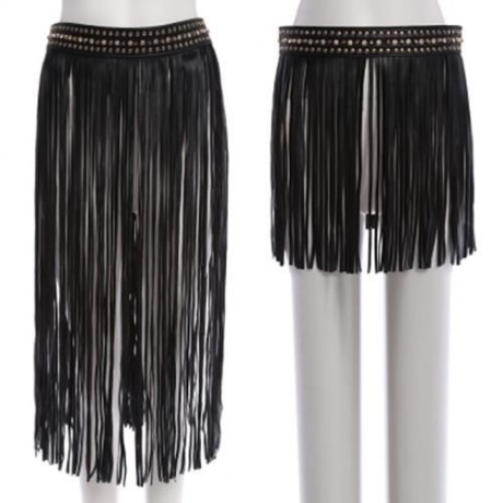 PUNK METAL RHINESTONE DECORATION LADIES TASSEL SNAP FASTENER SKIRT BELT (BLACK)