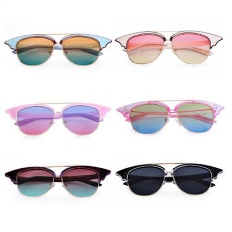 STYLISH CAT EAR LADIES COLOR COATED SUNGLASSES (LIGHT BLUE FRAME / YELLOW AND GREEN LENS)
