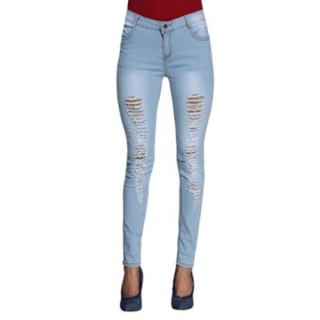 STREET STYLE MID WAIST FRAYED PURE COLOR JEANS FOR WOMEN (BLUE)