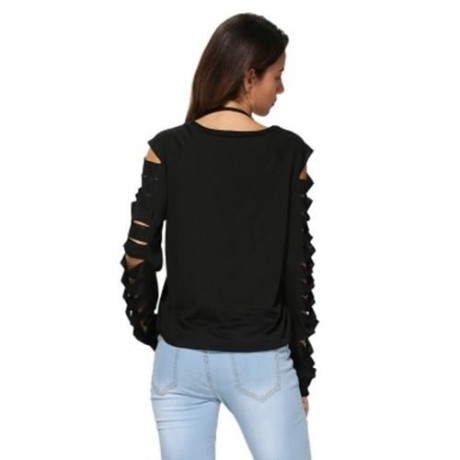 TRENDY ROUND COLLAR CUT OUT PURE COLOR T-SHIRT FOR WOMEN (BLACK)