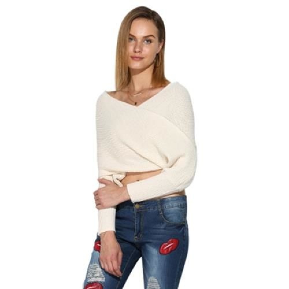 BRIEF V-NECK WRAP PURE COLOR CROP TOP FOR WOMEN (BEIGE)